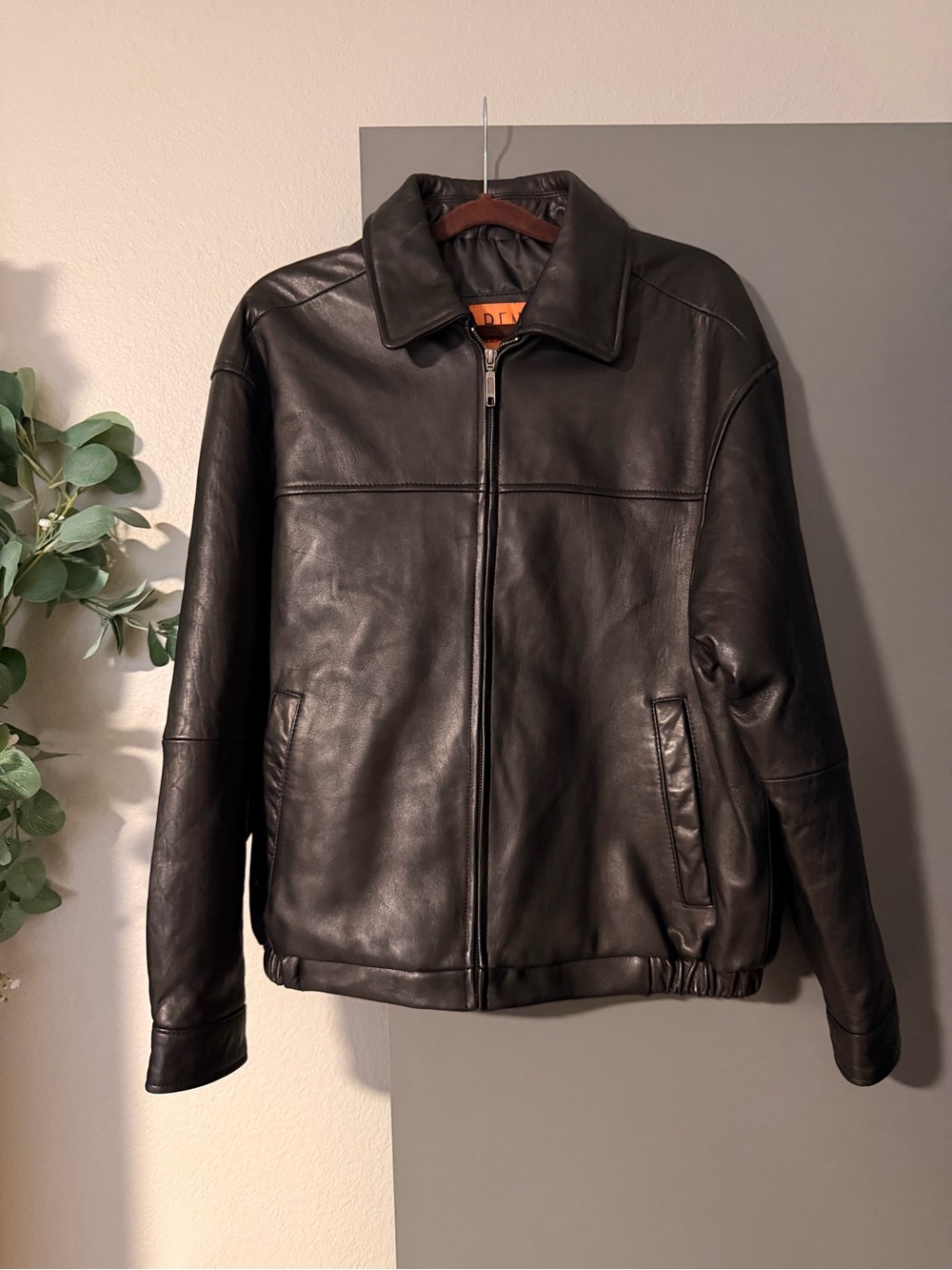 Black Leather Bomber Zip-Front Jacket